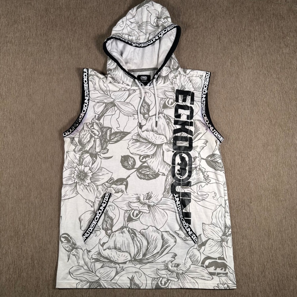 Ecko Unltd Mens Sleeveless Hoodie Grey White Floral Print Muscle Tee Large